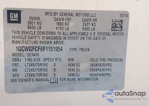 2015 Chevrolet Express 2500 Work Van из США, поврежденный, VIN 1GCWGFCF6F1151954